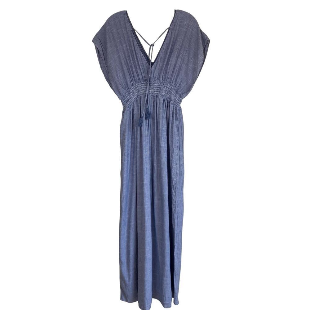 See And Be Seen Sz L Floral Embroidered Maxi Dress Striped Smocked Waist Beachy - Picture 3 of 16